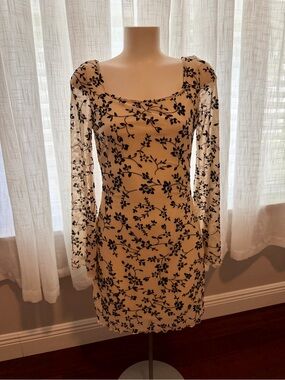 Cream Black Floral Mesh Long Sleeve Bodycon Mini Dress